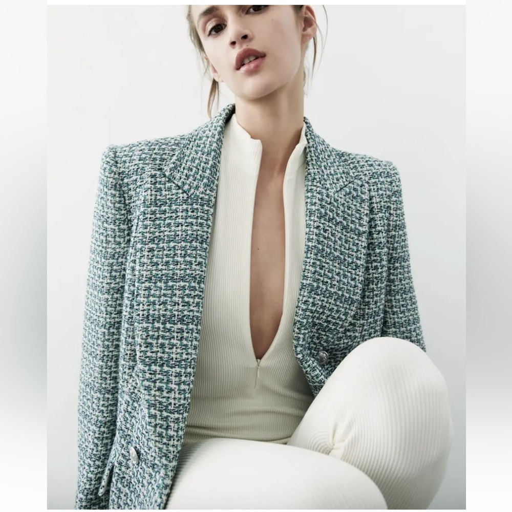 ZARA BUTTONED TEXTURED WEAVE BLAZER  GREE/BLUE SIZE S NEW - Picture 5 of 11